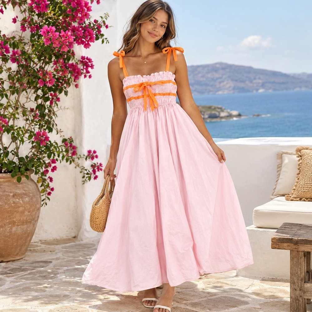 One Loved Babe Pink Orange Smocked Midi Dress MD4692 Medium